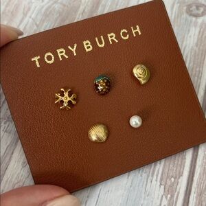 $148 New Tory Burch Mixed Charm Stud Earrings Set of 5 Sea shell Strawberry Logo
